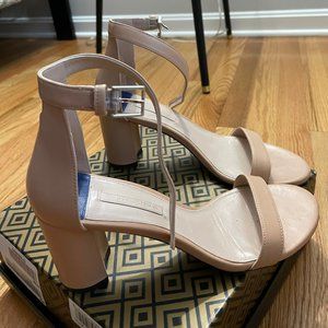 Stuart Weitzman block heel sandals, beige, size 8